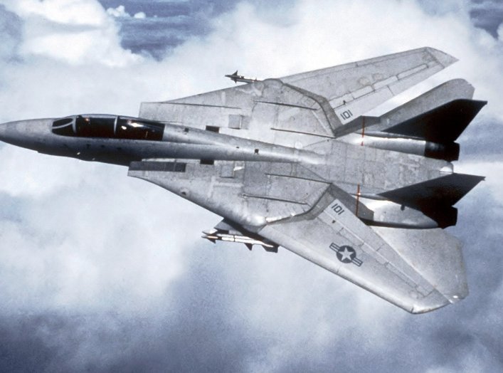 An air-to-air overhead view of a Fighter Squadron 1 (VF-1) F-14A Tomcat aircraft. Wikimedia Commons