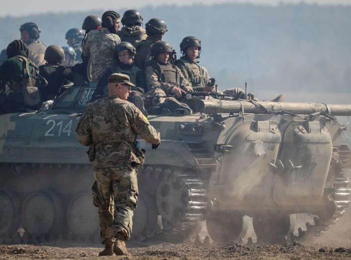 A military instructor of the U.S. Army is seen during multinational drills "Rapid Trident 2019" at the International Peacekeeping and Security Center near Lviv, Ukraine.